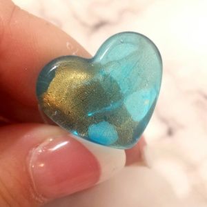 Vintage Blue Gold Murano Art Glass Heart Ring 7.5